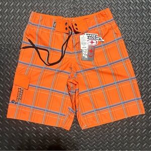 Vintage No Fear Board Shorts Men's 32 Swim Trunks Swimwear Plaid Orange Y2K NEW